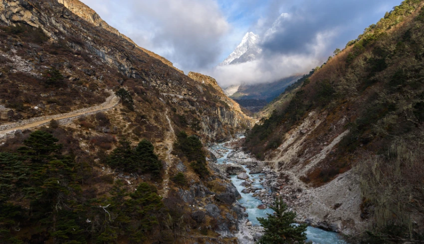 Snow river Imja Khola seen from Tenghboche