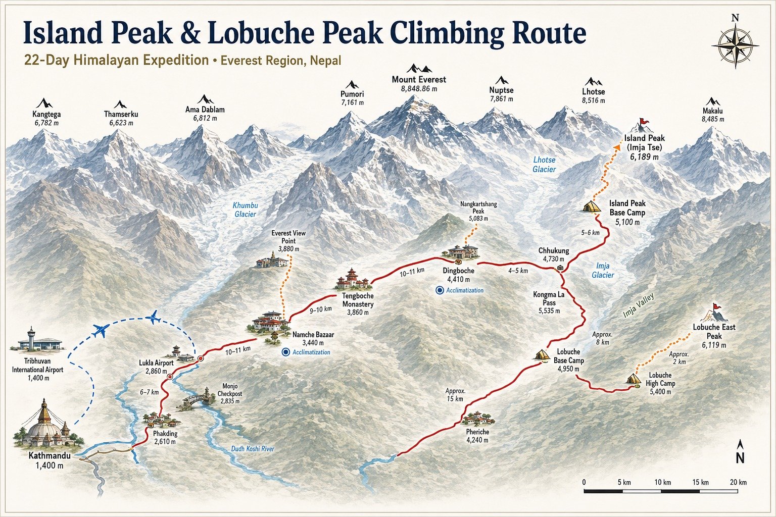 Trip Map of Island peak climbing and Lobuche peak climbing